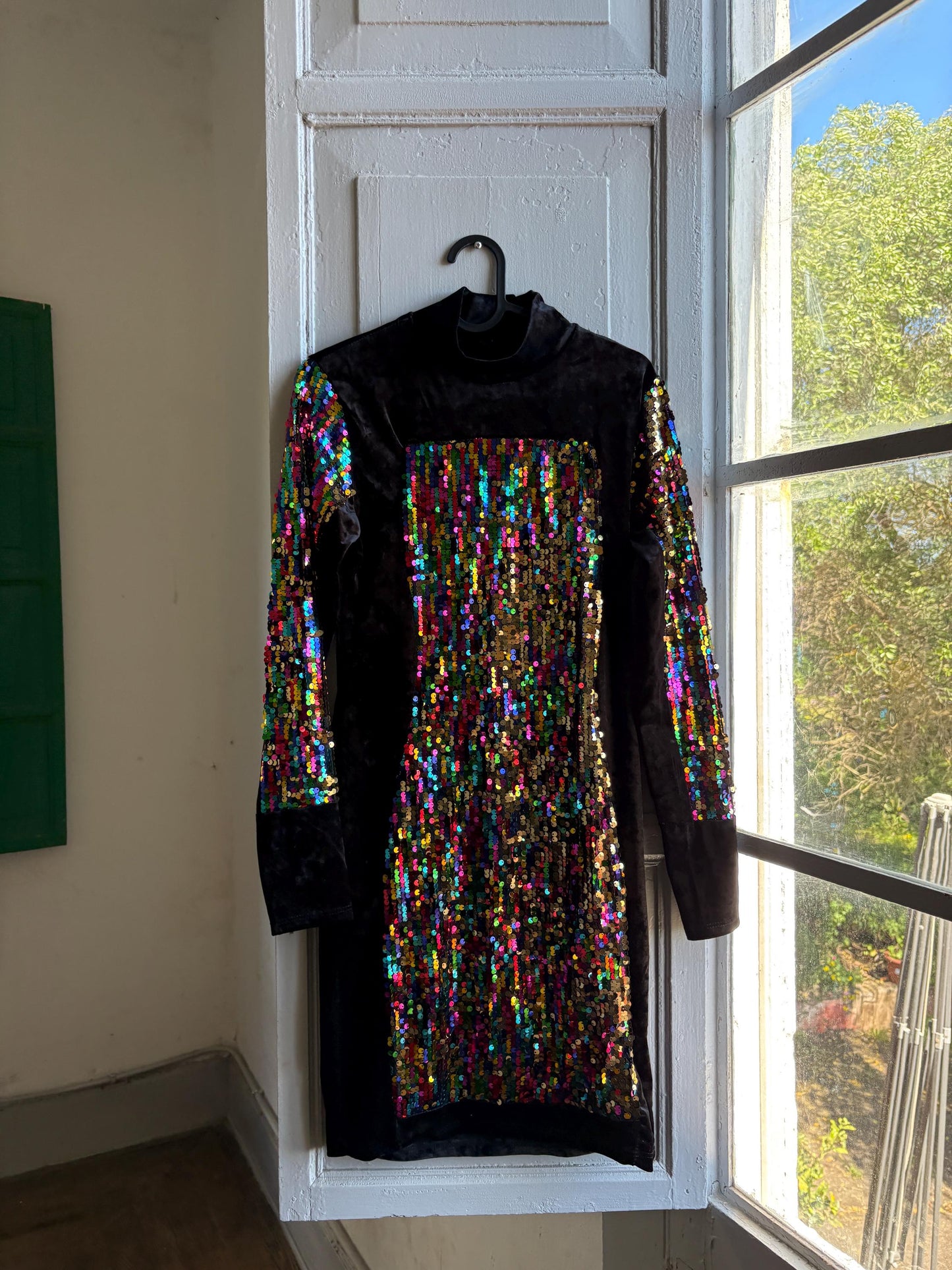 Vintage Black Velvet Sequin Turtleneck Dress — detail