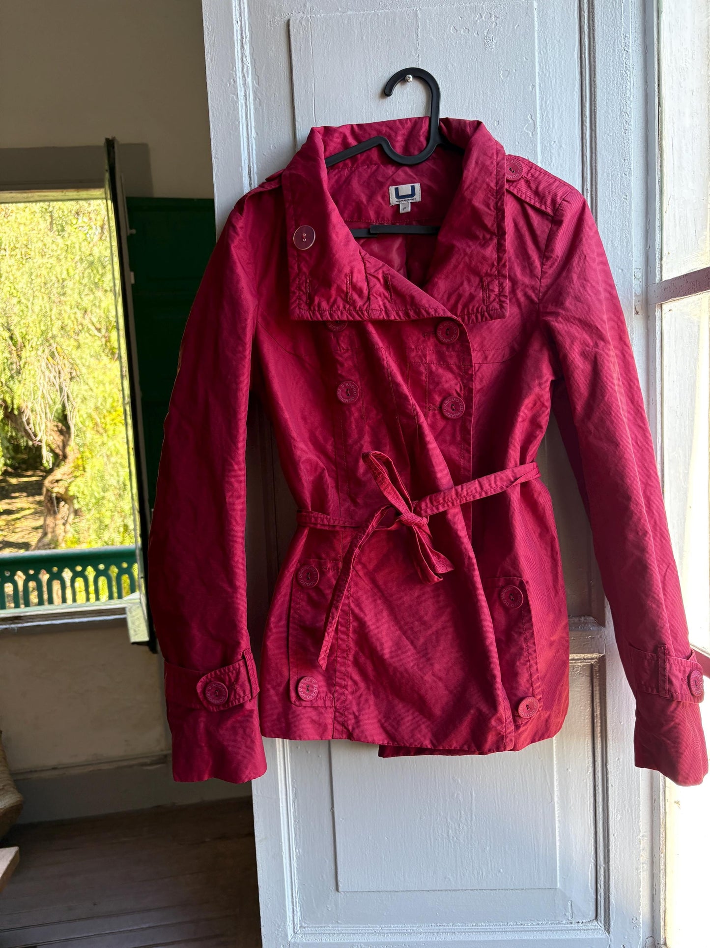 Adolfo Dominguez Red Belted Trench Coat — fabric close-up