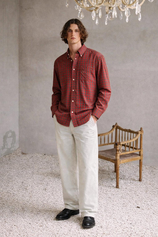 Red Plaid Cotton Button-Up Shirt
