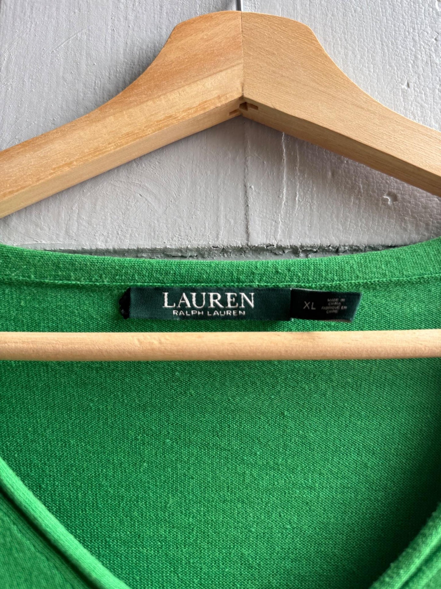 Lauren Ralph Lauren Green V-Neck Shirt — fabric close-up