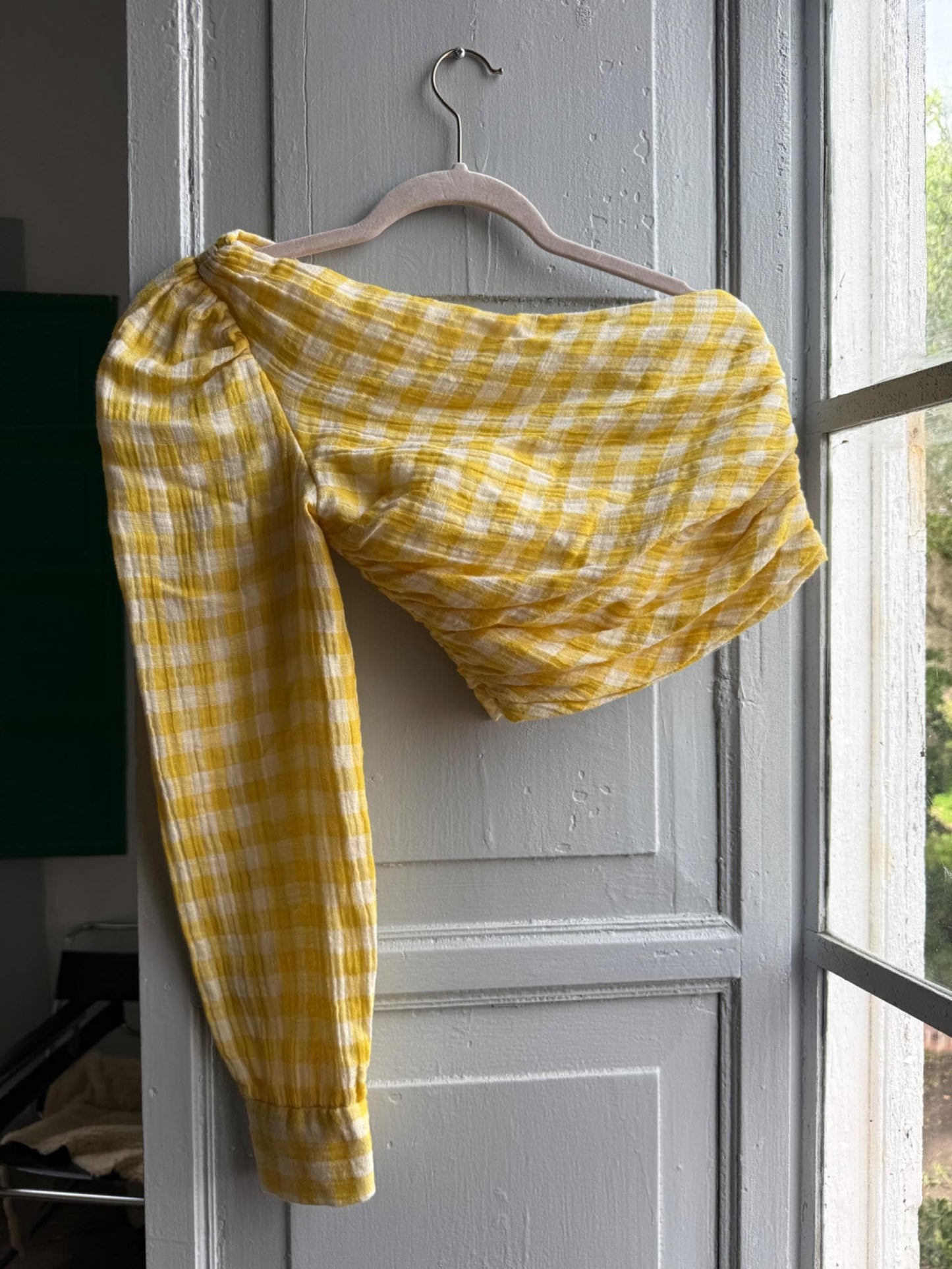 Yellow checkered one shoulder top, Summer crop top playful retro 90s, XS