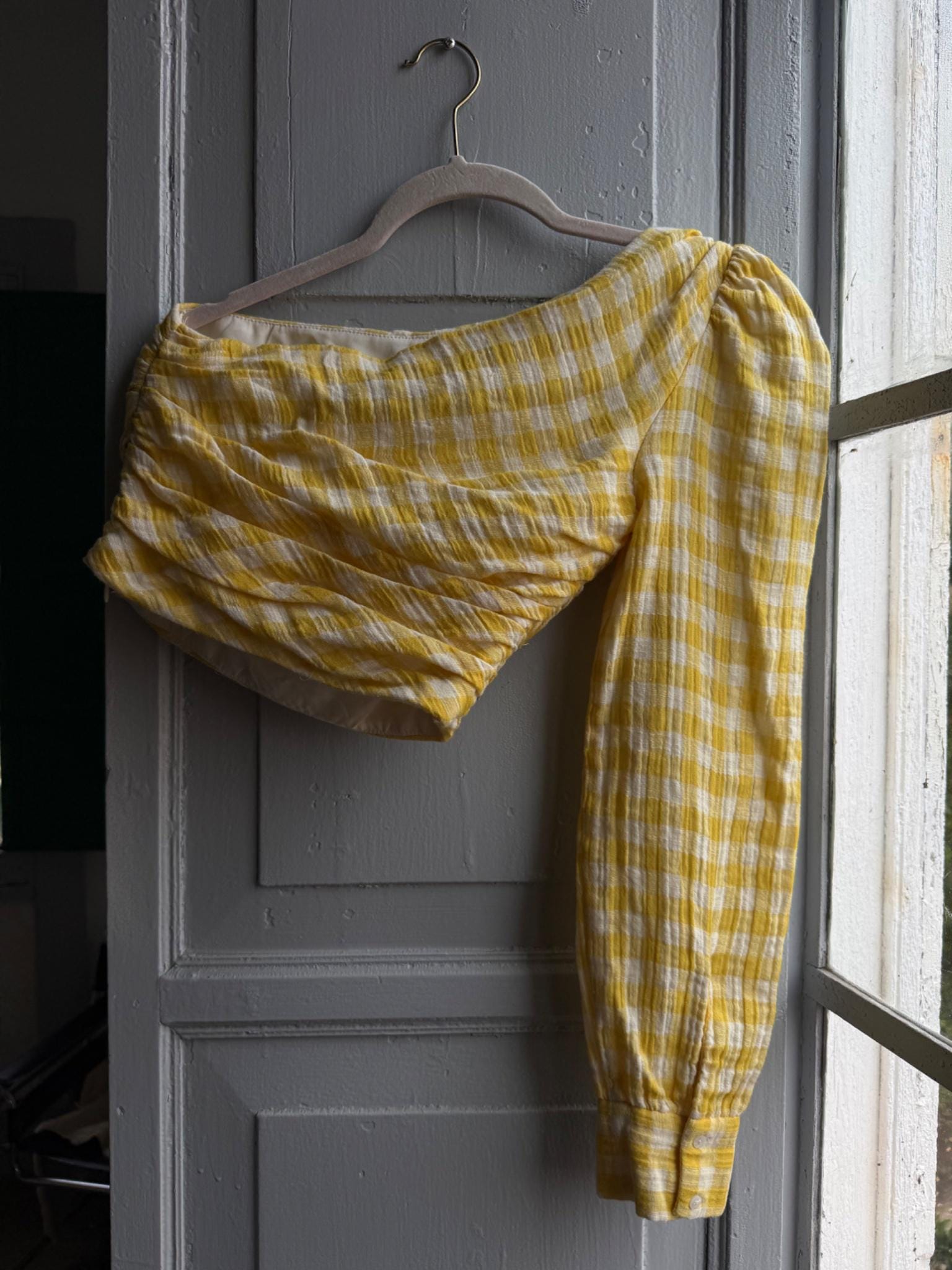 Yellow checkered one shoulder top, Summer crop top playful retro 90s, XS