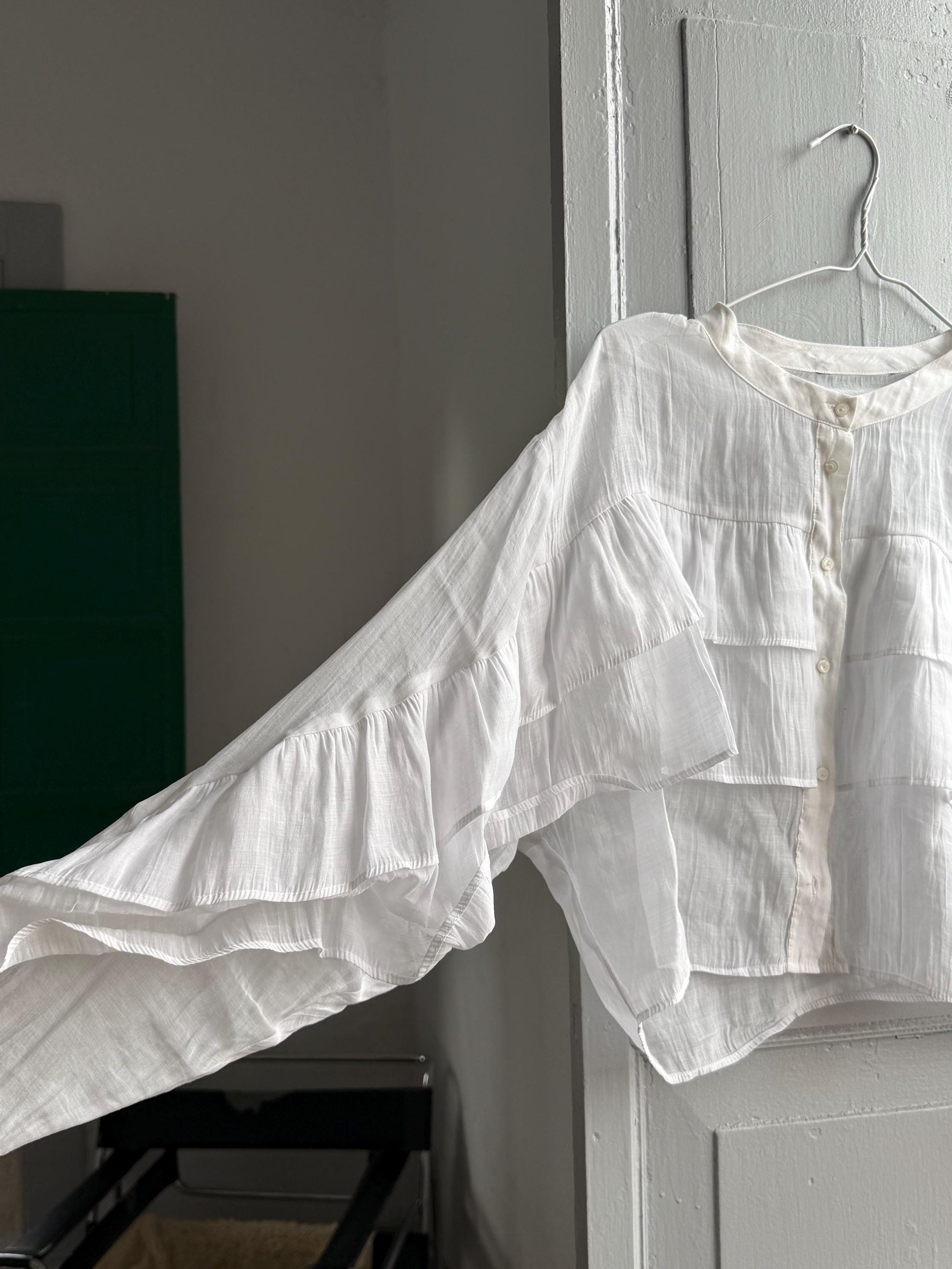 Ruffled Sleeve Cotton Cropped Blouse — fabric close-up