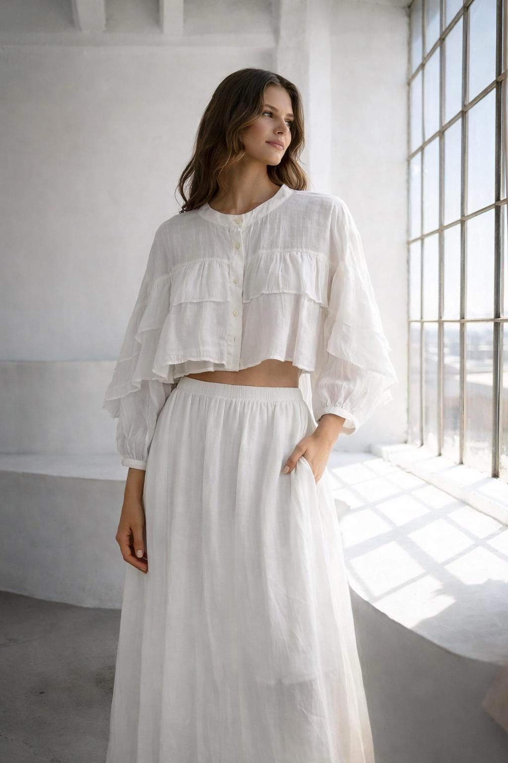 Ruffled Sleeve Cotton Cropped Blouse