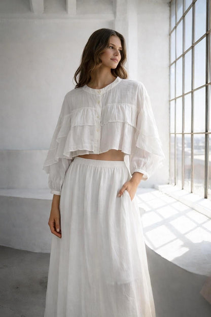 Ruffled Sleeve Cotton Cropped Blouse