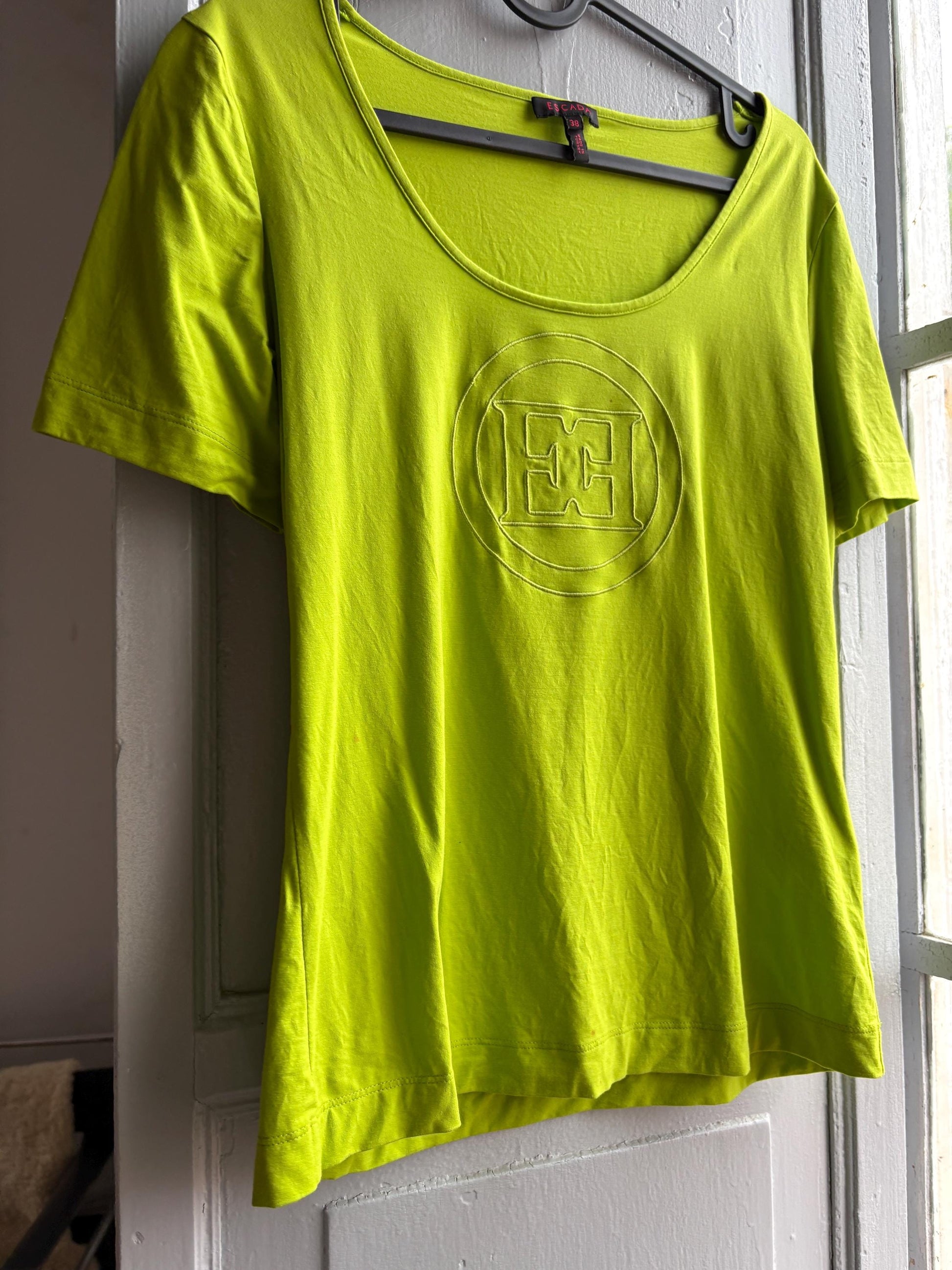 Vintage Escada Green Scoop Neck Tee — fabric close-up