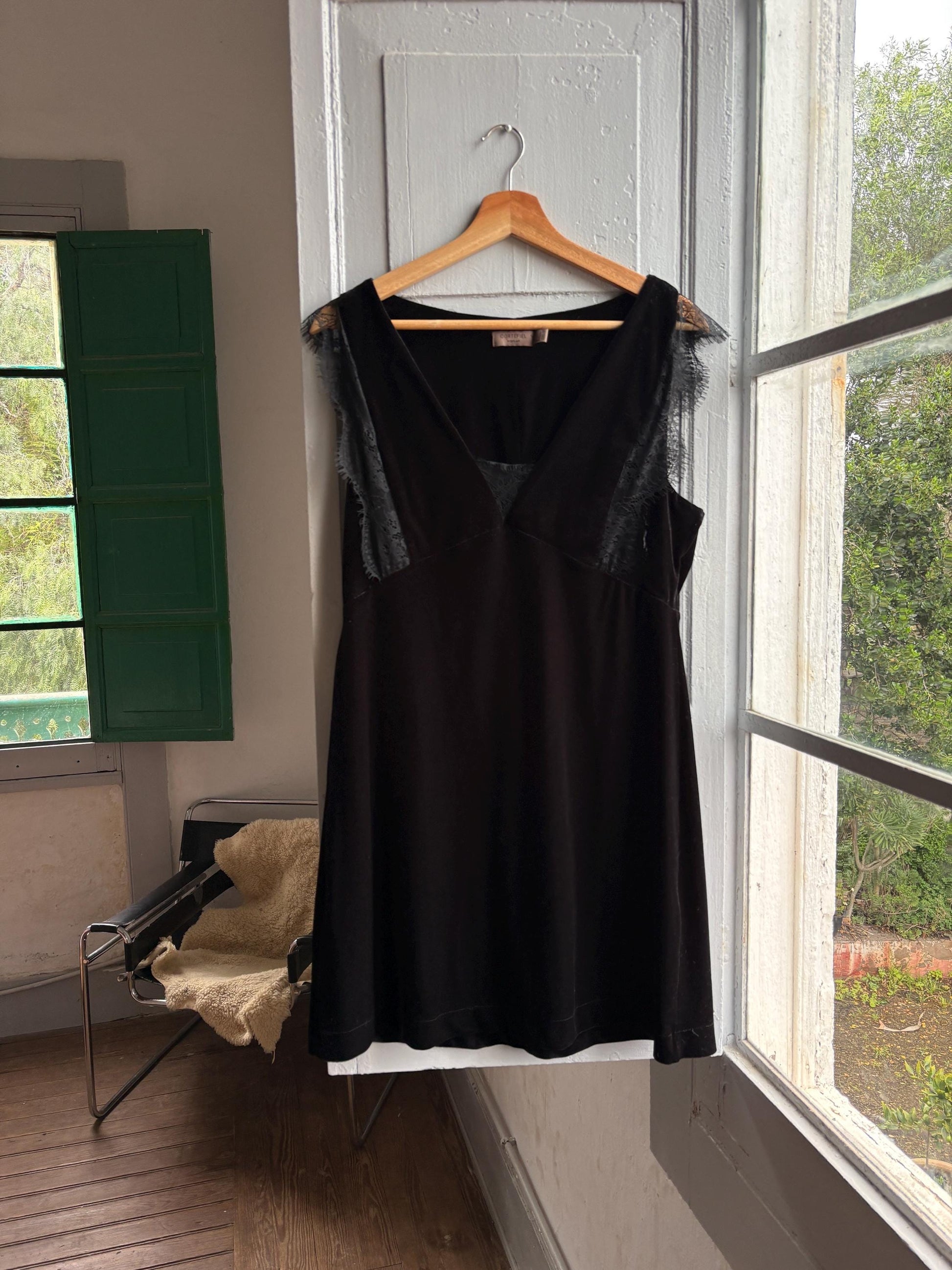 Black velvet a-line dress, Simple black short formal dress, Size L - UK 12