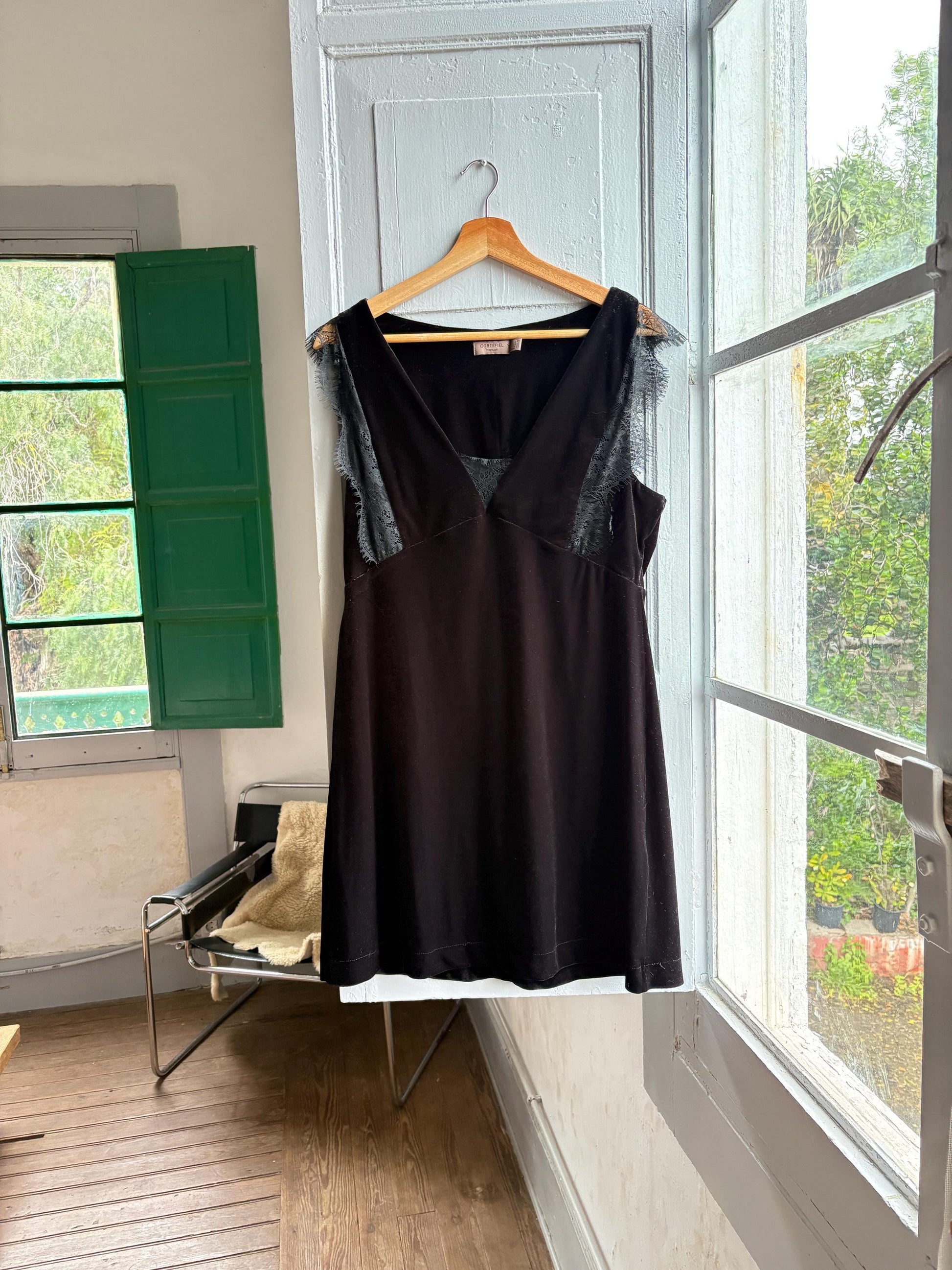 Black velvet a-line dress, Simple black short formal dress, Size L - UK 12