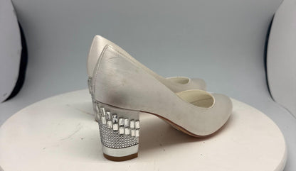 Ivory Satin Low Block Heel Wedding Shoes — fabric close-up