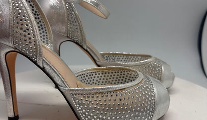 Silver Bridal Platform Heels — fabric close-up