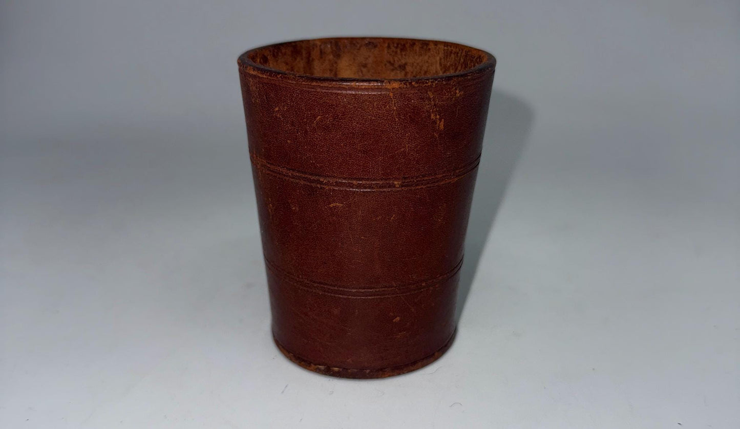 Vintage Brown Leather Cup, Masculine Decor — back view