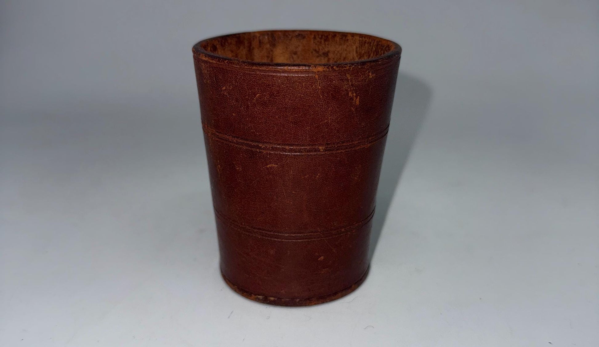 Vintage Brown Leather Cup, Masculine Decor — back view