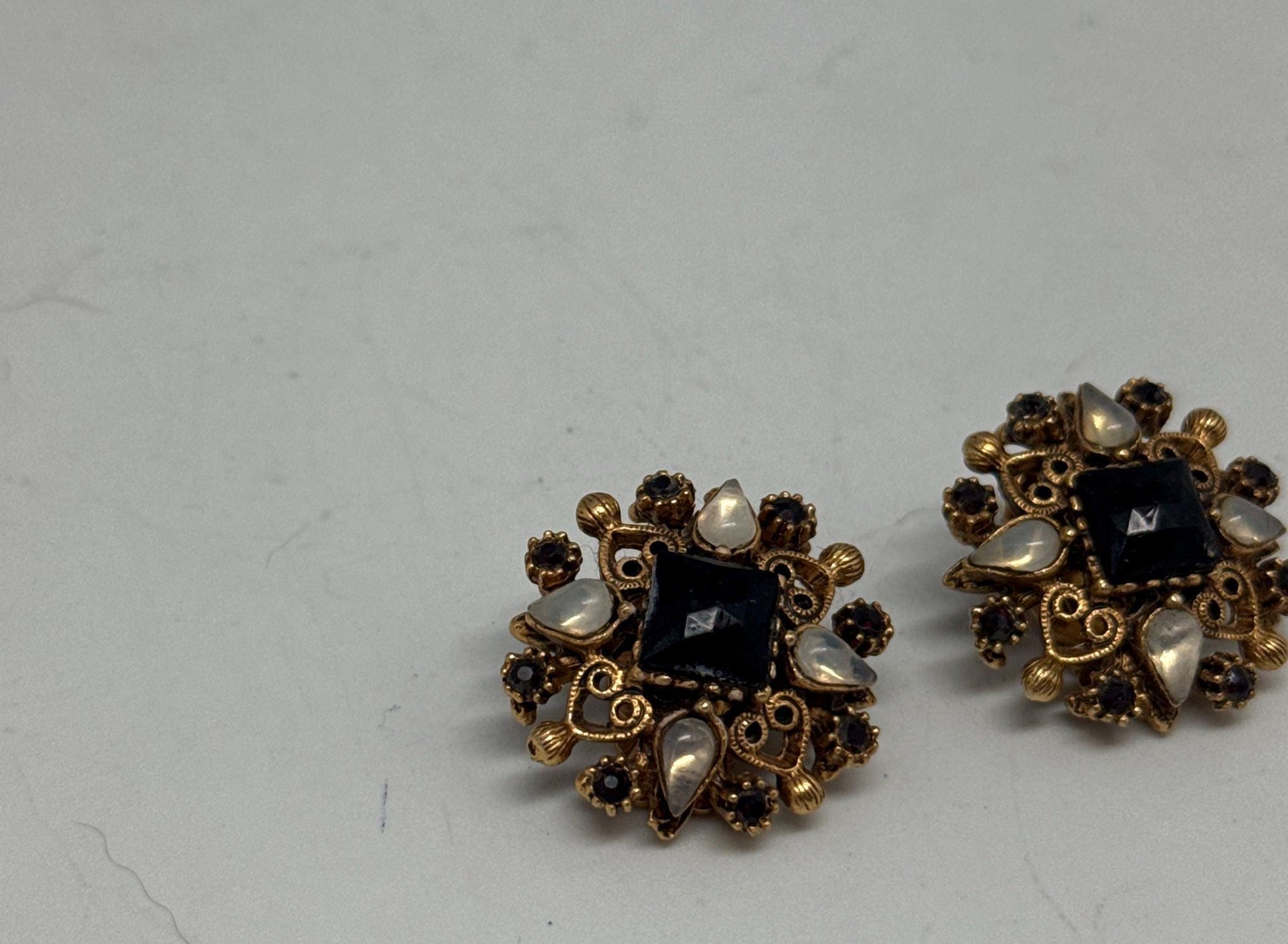 Signed Florenza Victorian Revival Clip-On Earrings — back view