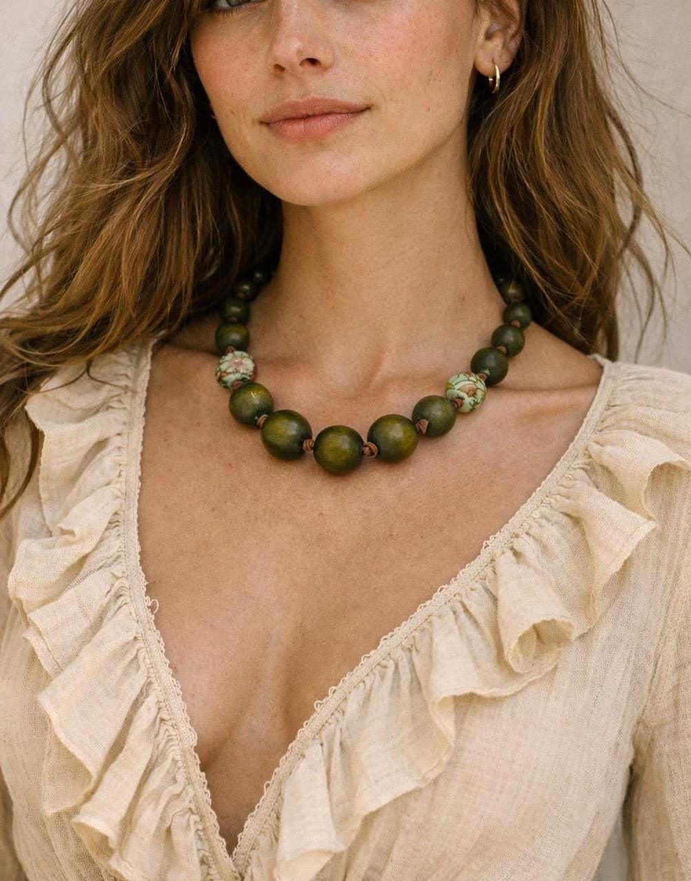 Vintage Green Wooden Beaded Necklace