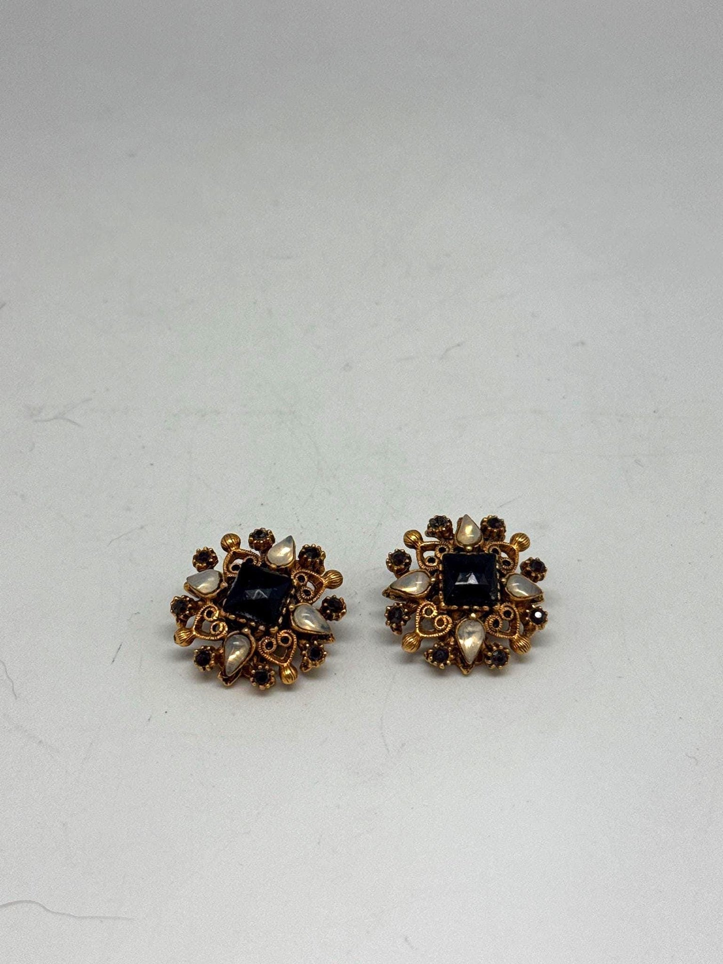 Signed Florenza Victorian Revival Clip-On Earrings — detail
