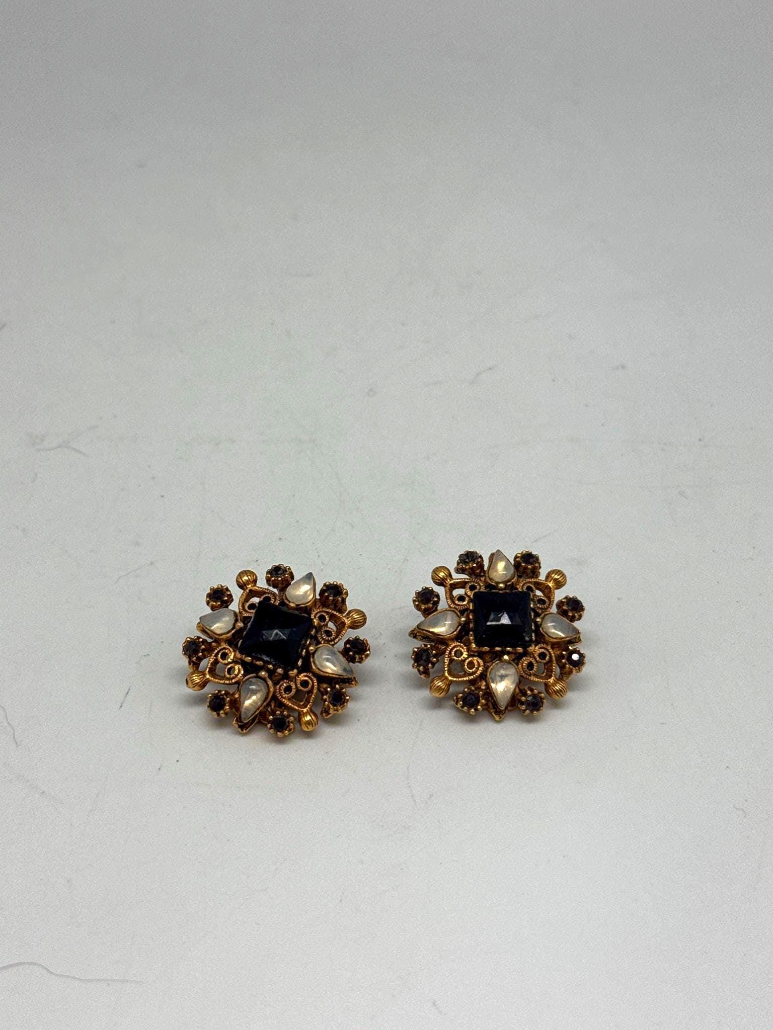 Signed Florenza Victorian Revival Clip-On Earrings — detail