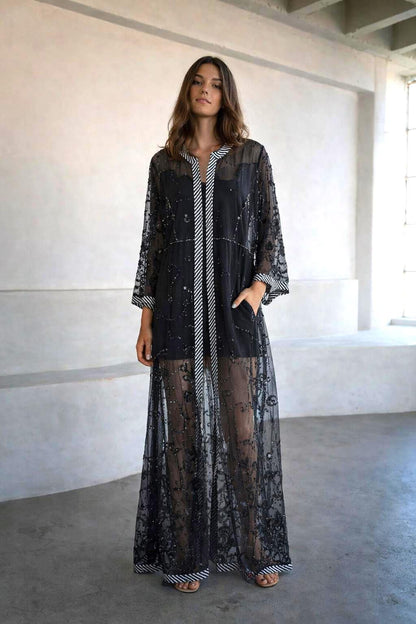 Vintage 90s Beaded Sheer Caftan Duster, Black Sequin Mesh Kimono Robe, Boho Evening Cover Up