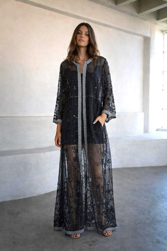 Vintage 90s Beaded Sheer Caftan Duster, Black Sequin Mesh Kimono Robe, Boho Evening Cover Up
