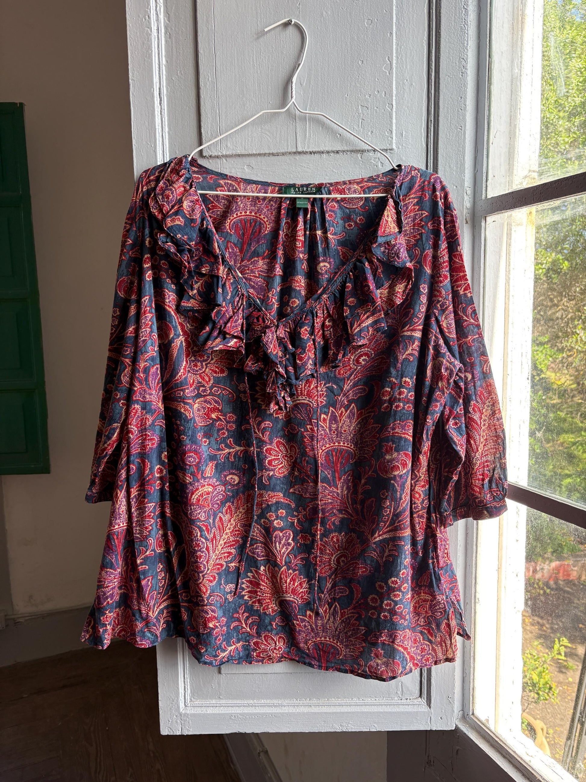 Floral Ruffled V-Neck Cotton Blouse — back view
