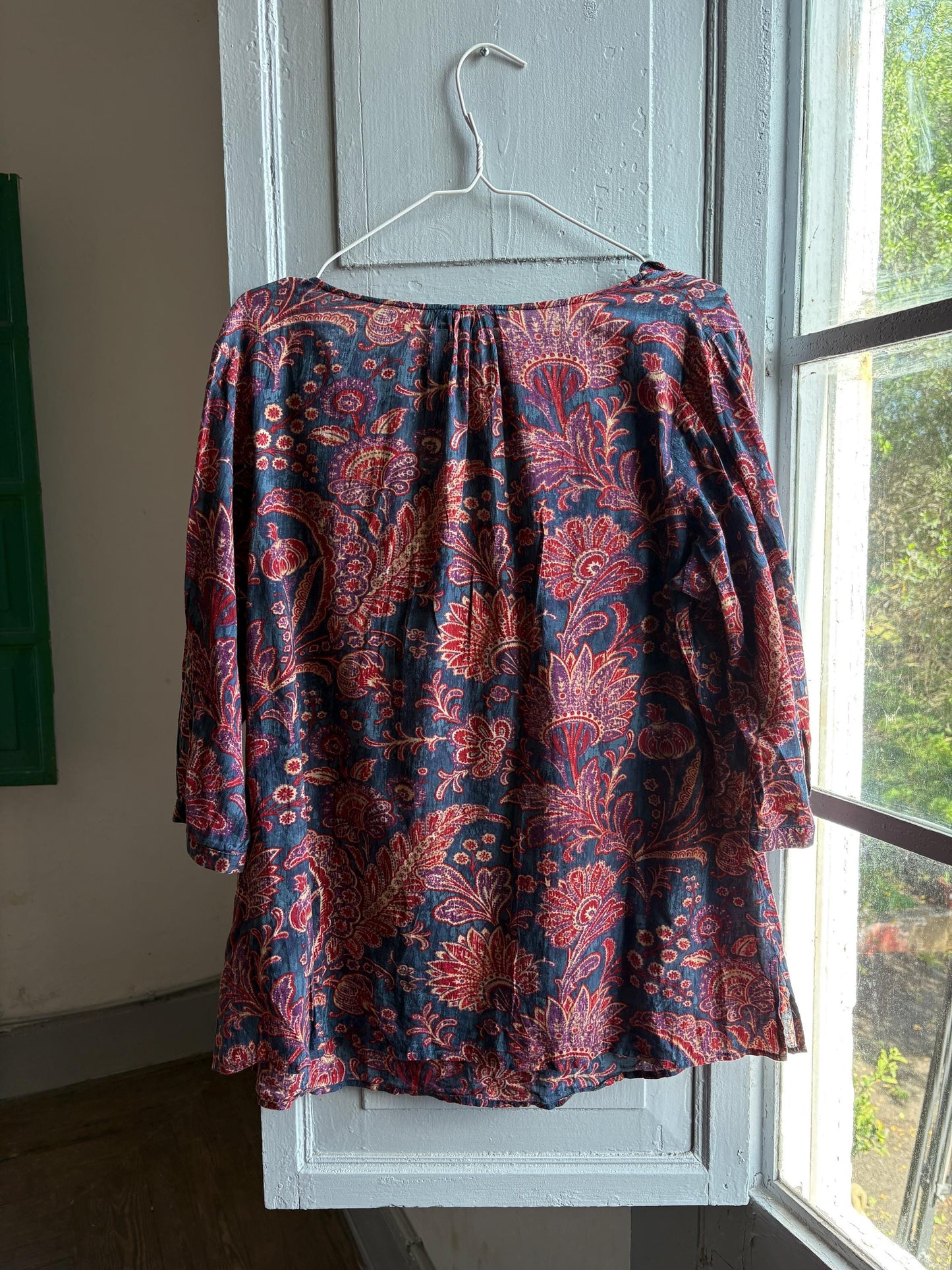 Floral Ruffled V-Neck Cotton Blouse — fabric close-up