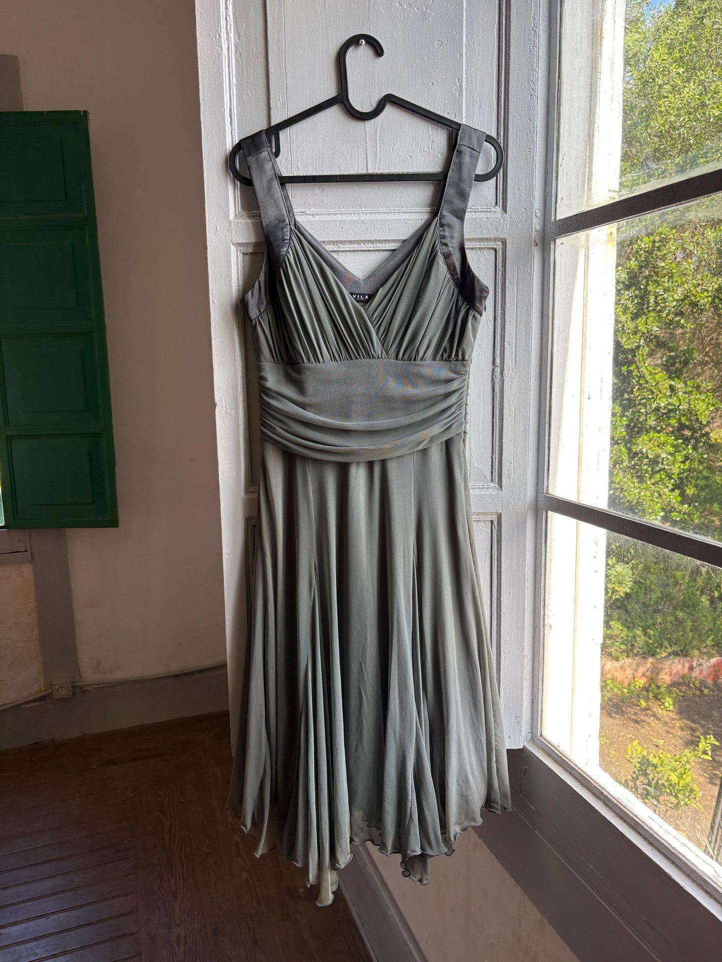 Grey flowy dress, draped design with ruched waist, minimalist evening wear, size M
