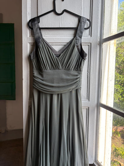 Grey flowy dress, draped design with ruched waist, minimalist evening wear, size M