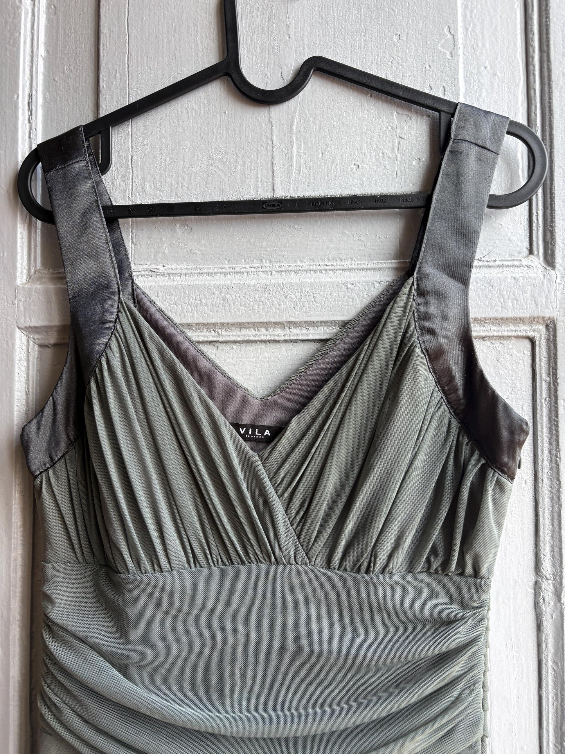 Grey flowy dress, draped design with ruched waist, minimalist evening wear, size M