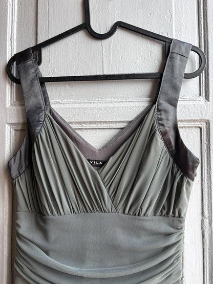 Grey flowy dress, draped design with ruched waist, minimalist evening wear, size M