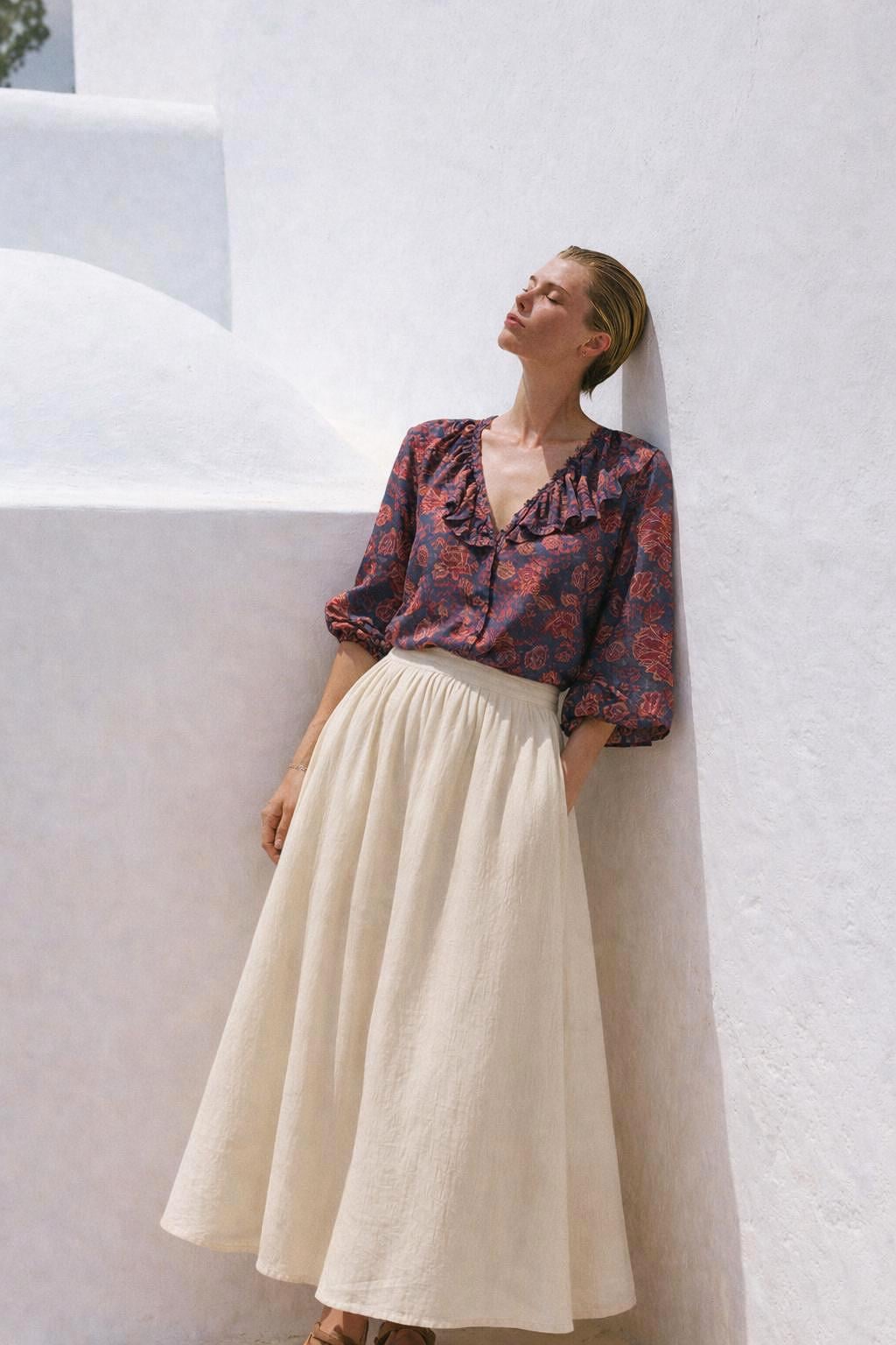 Floral Ruffled V-Neck Cotton Blouse