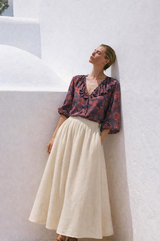 Floral Ruffled V-Neck Cotton Blouse