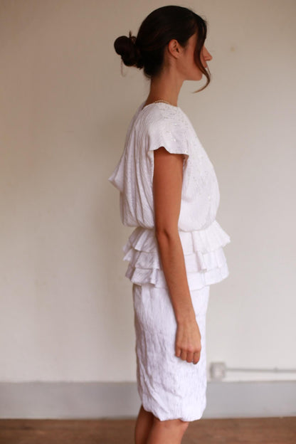 Textured White Knee-Length Peplum Dress — additional view 5