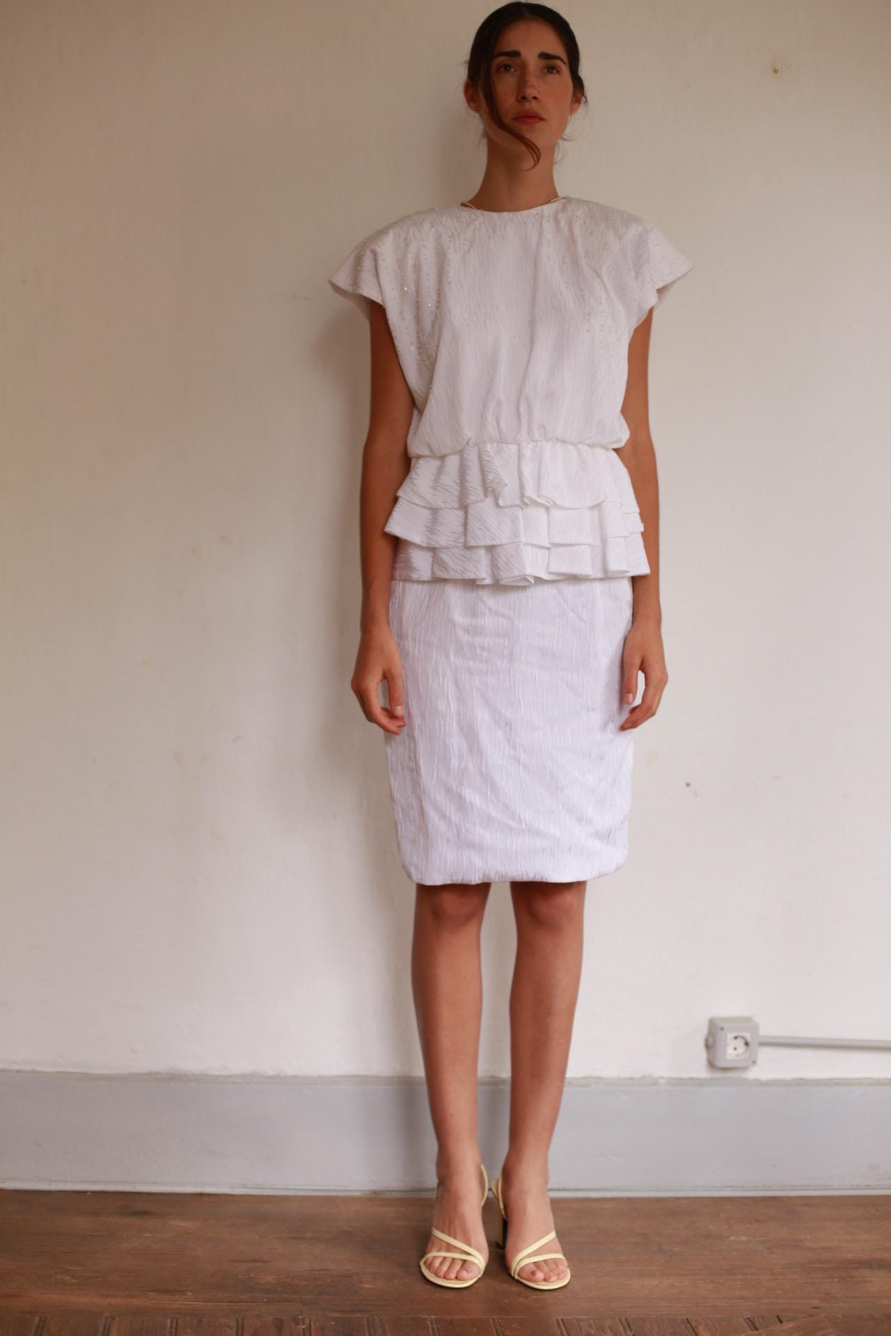 Textured White Knee-Length Peplum Dress — additional view 6