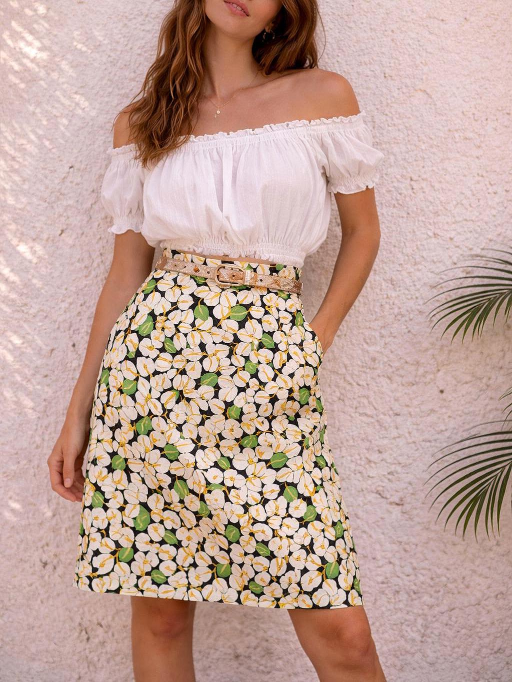 Vintage Blue Pencil Skirt With Leaf Pattern