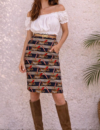 Vintage Maritime Beach Pattern Pencil Skirt