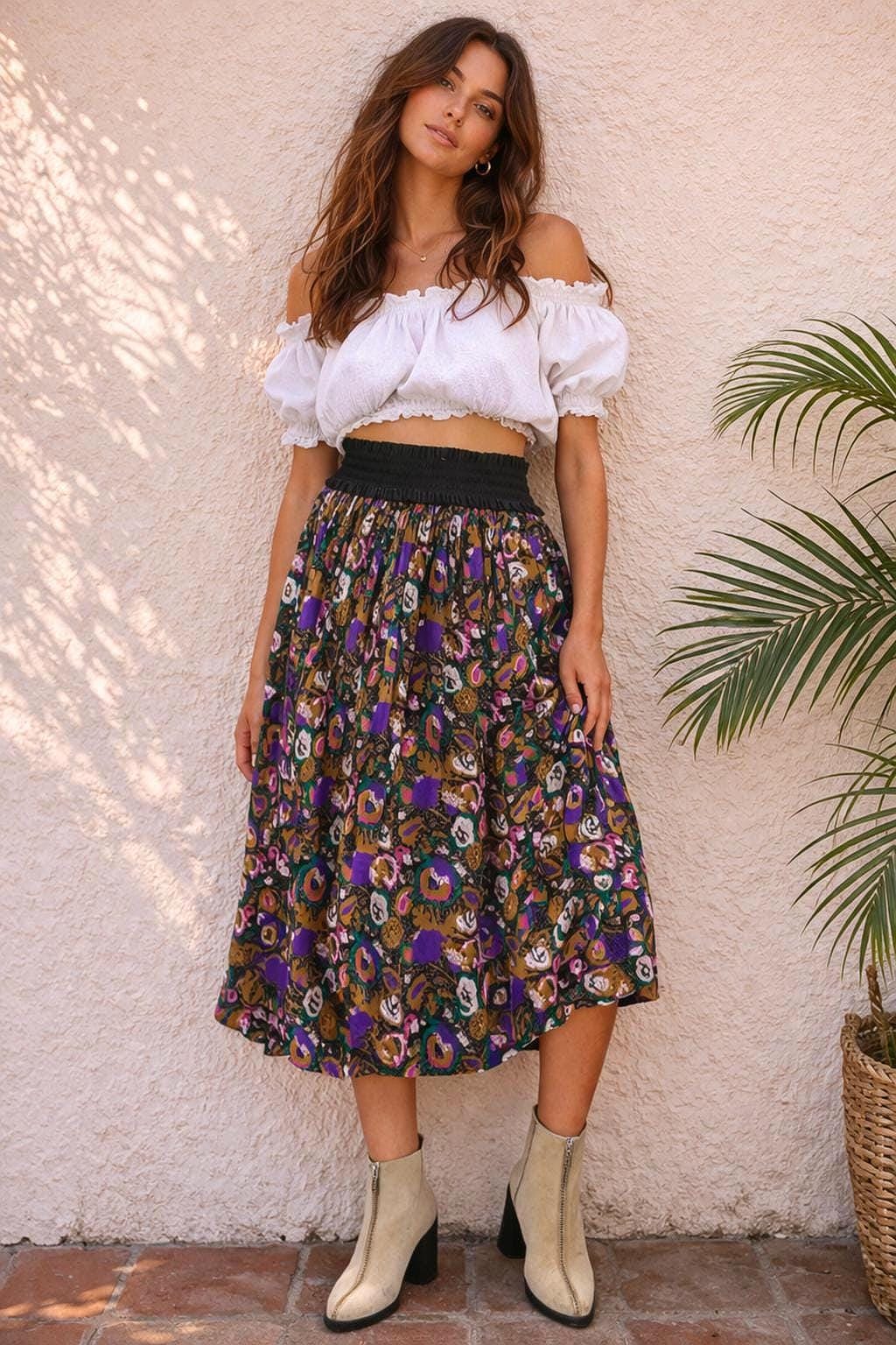 Vintage Boho Floral High-Waist Skirt