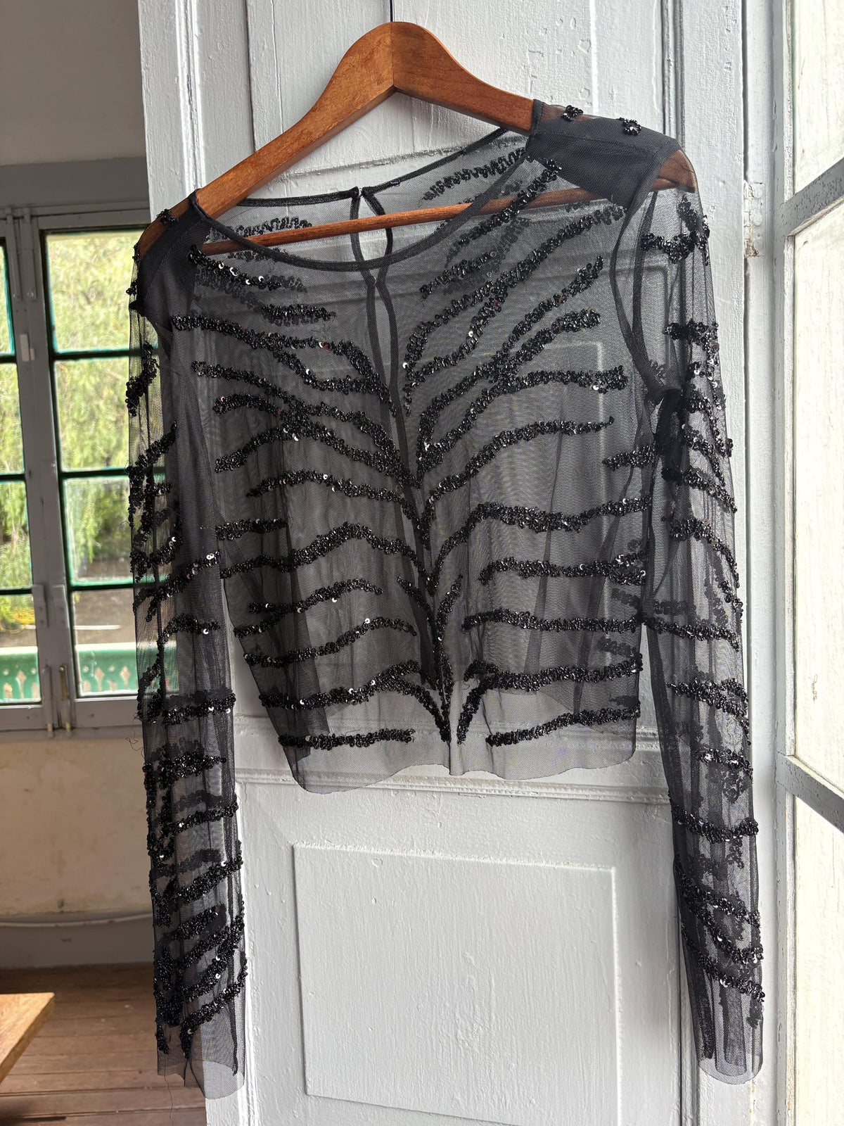 Sheer Black Sequin Top, Zebra Pattern Grunge Blouse XS-S