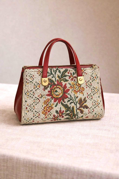 Vintage Floral Tapestry Handbag with Leather Handles
