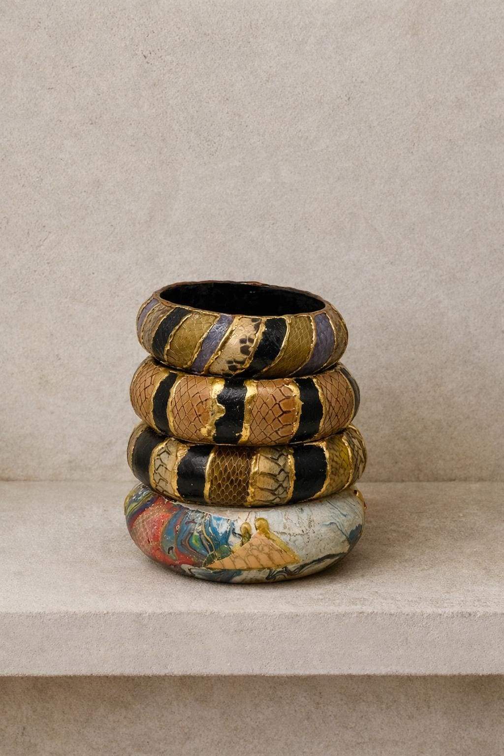 Vintage Green And Gold Snakeskin Bangles