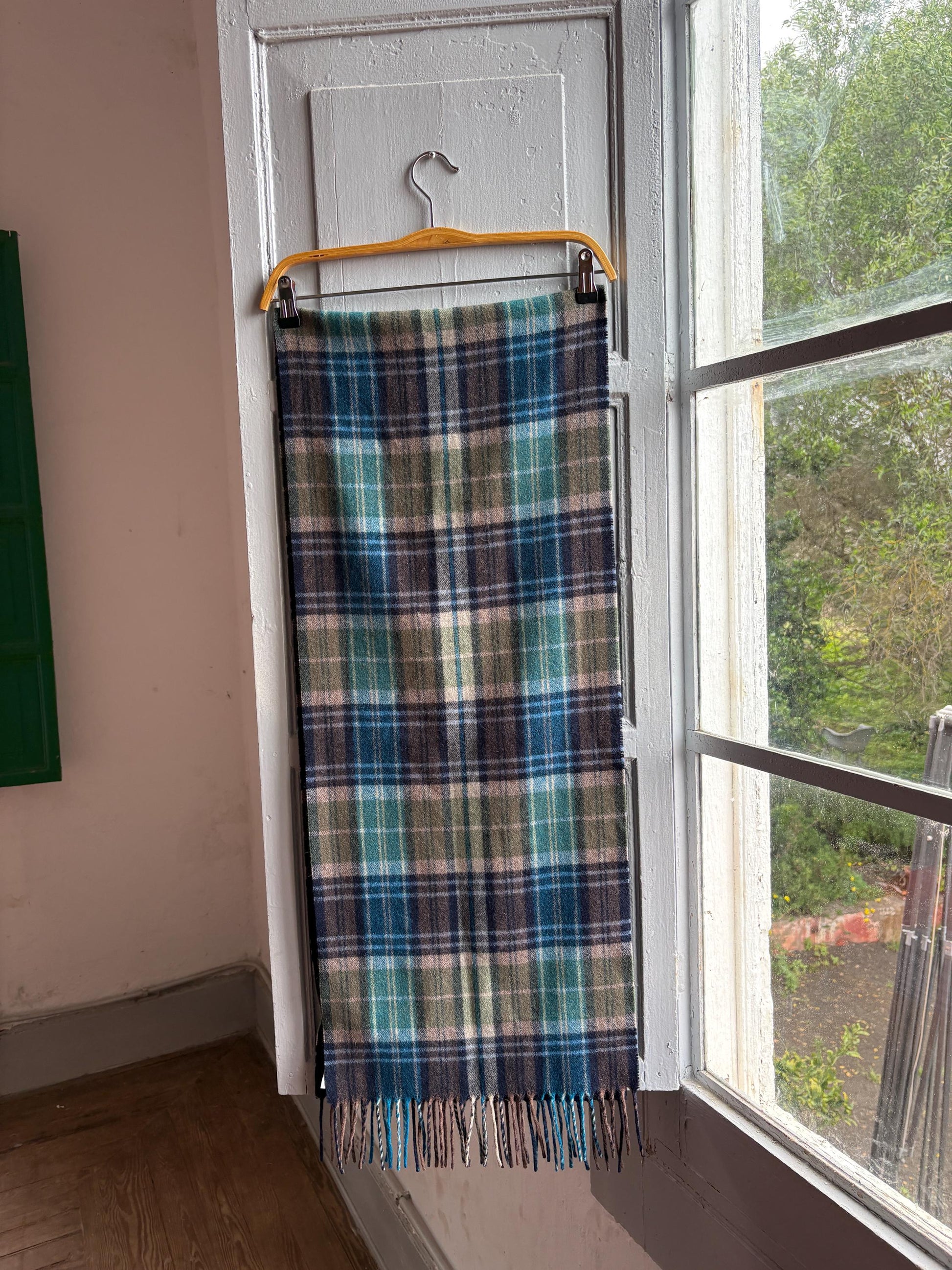 Plaid Wool Angora Scarf with Fringe Detail — detail