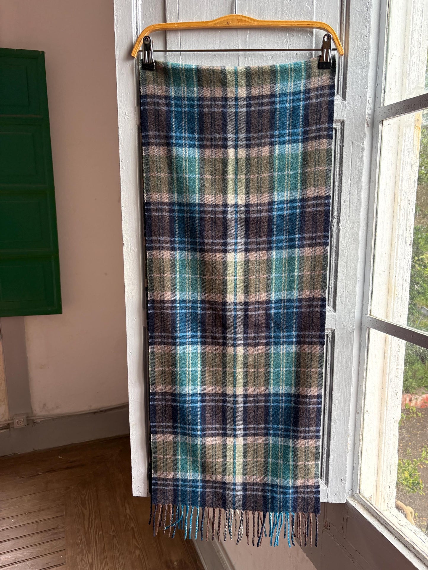 Plaid Wool Angora Scarf with Fringe Detail — fabric close-up