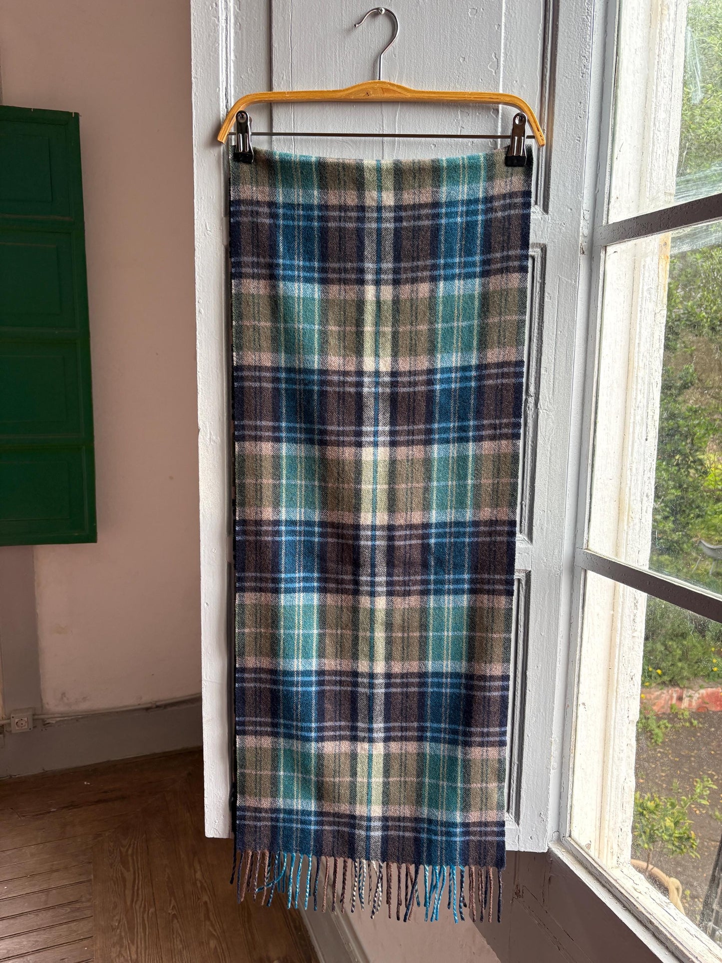 Plaid Wool Angora Scarf with Fringe Detail — additional view 5