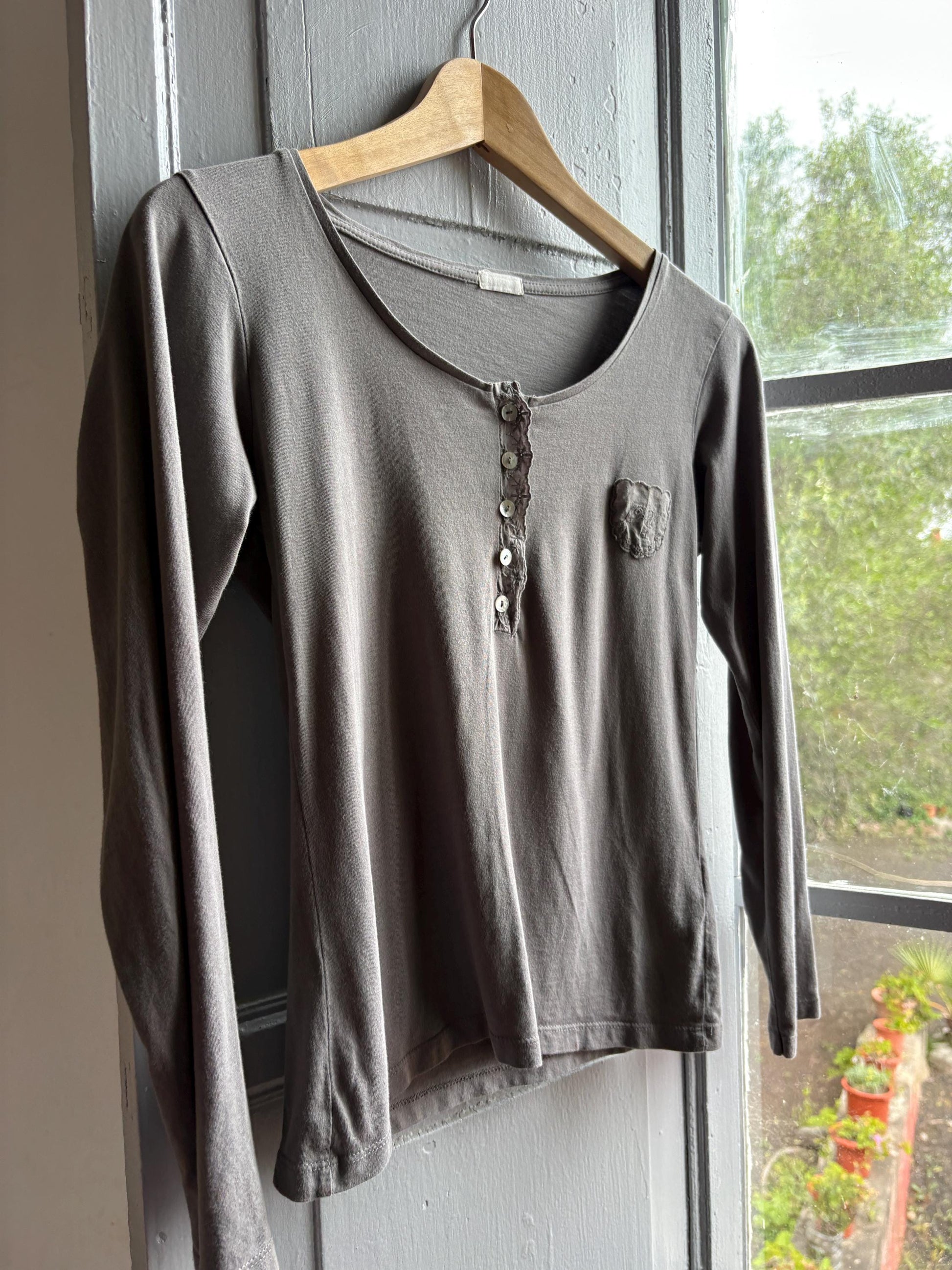 Grey Modal Cotton Blend Henley T-Shirt — back view