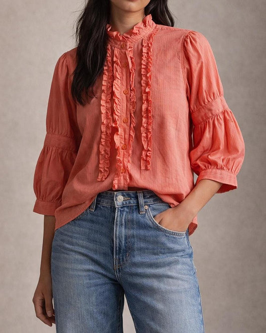 Orange Pink Ruffled Cotton Blouse