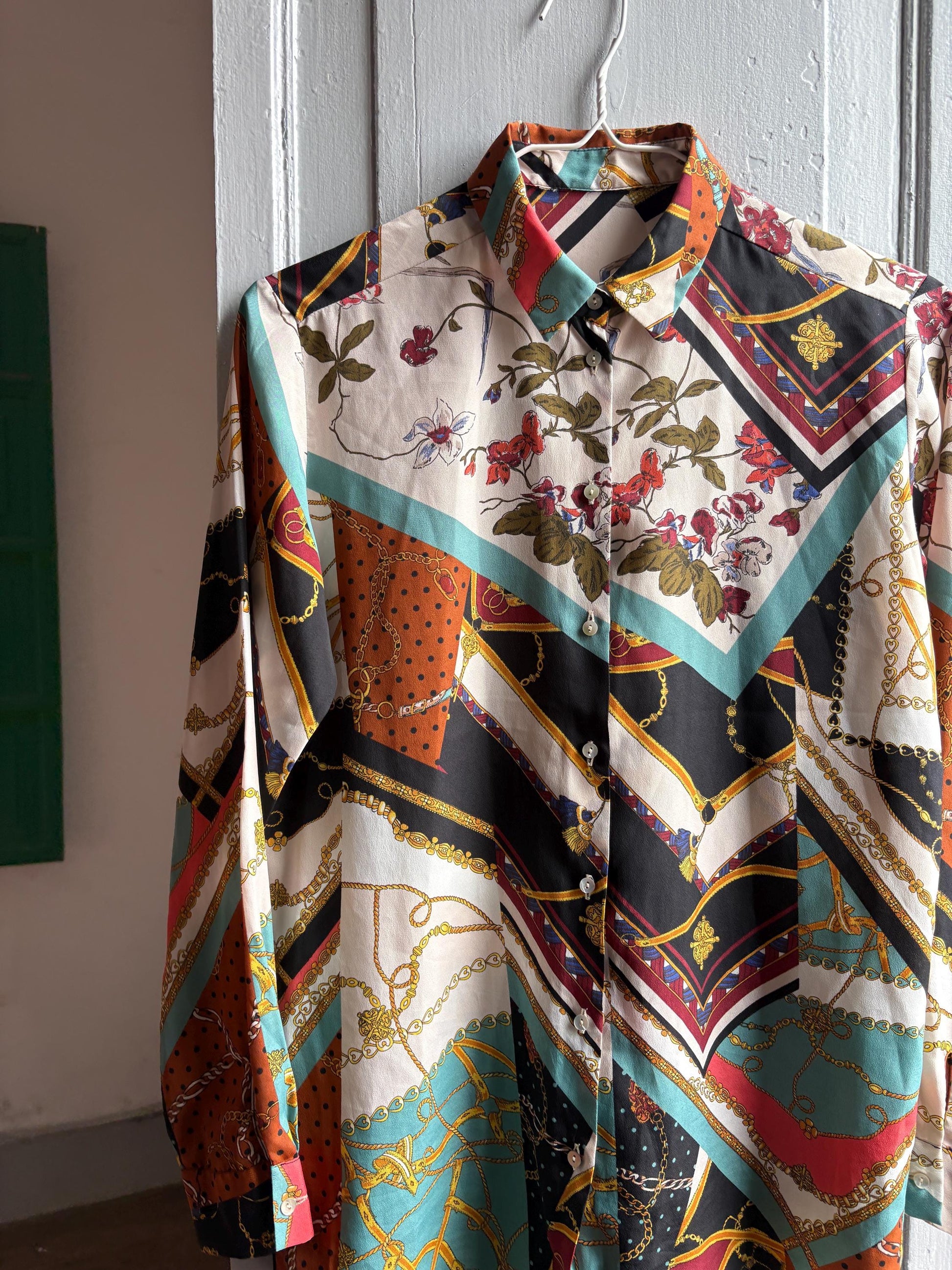 Retro 80s Multicolor Button-Up Blouse — back view