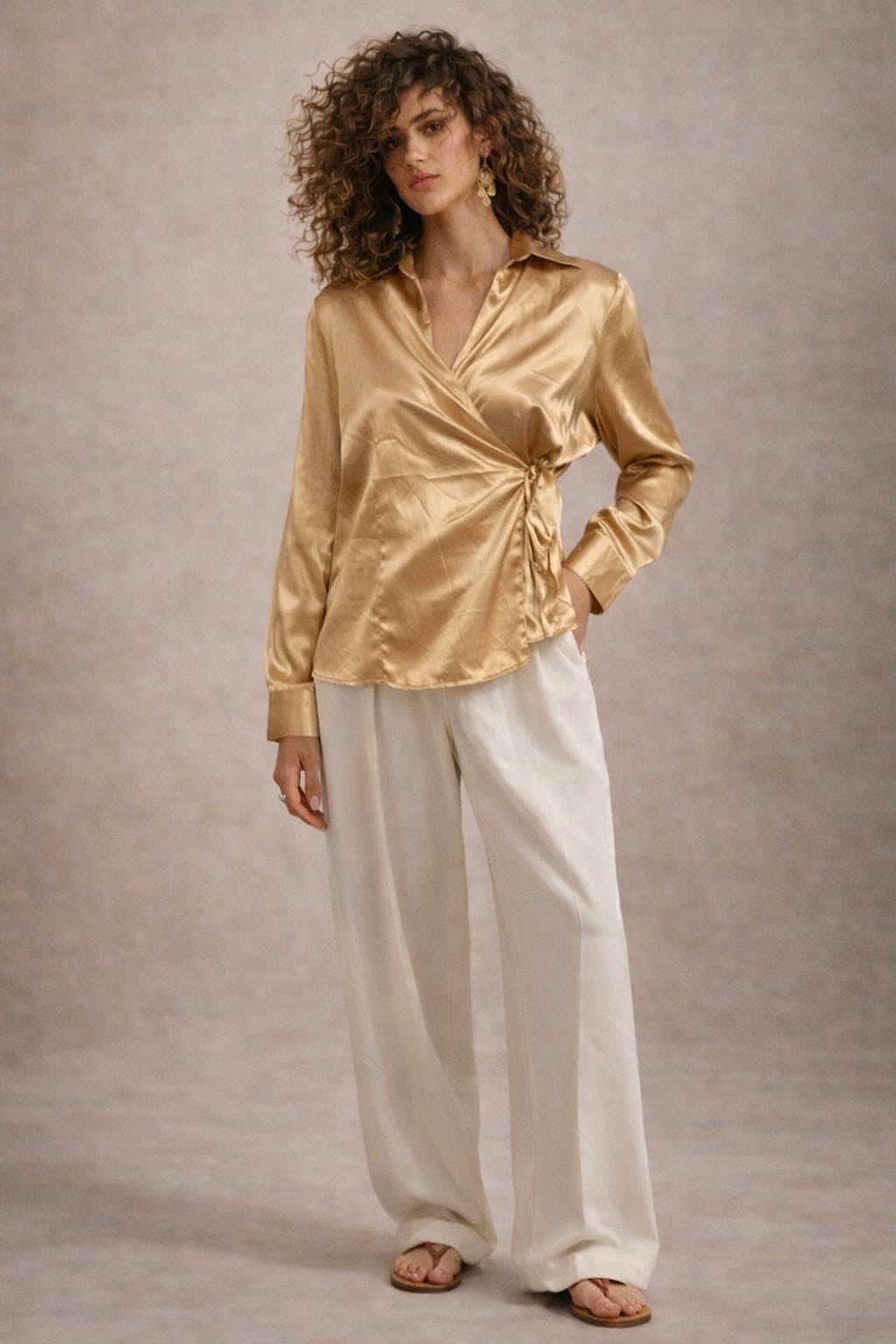 Gold Satin Wrap Blouse With Tie Front