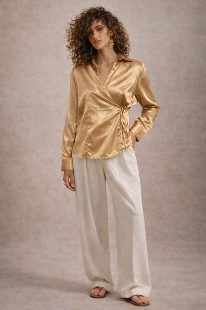 Gold Satin Wrap Blouse With Tie Front