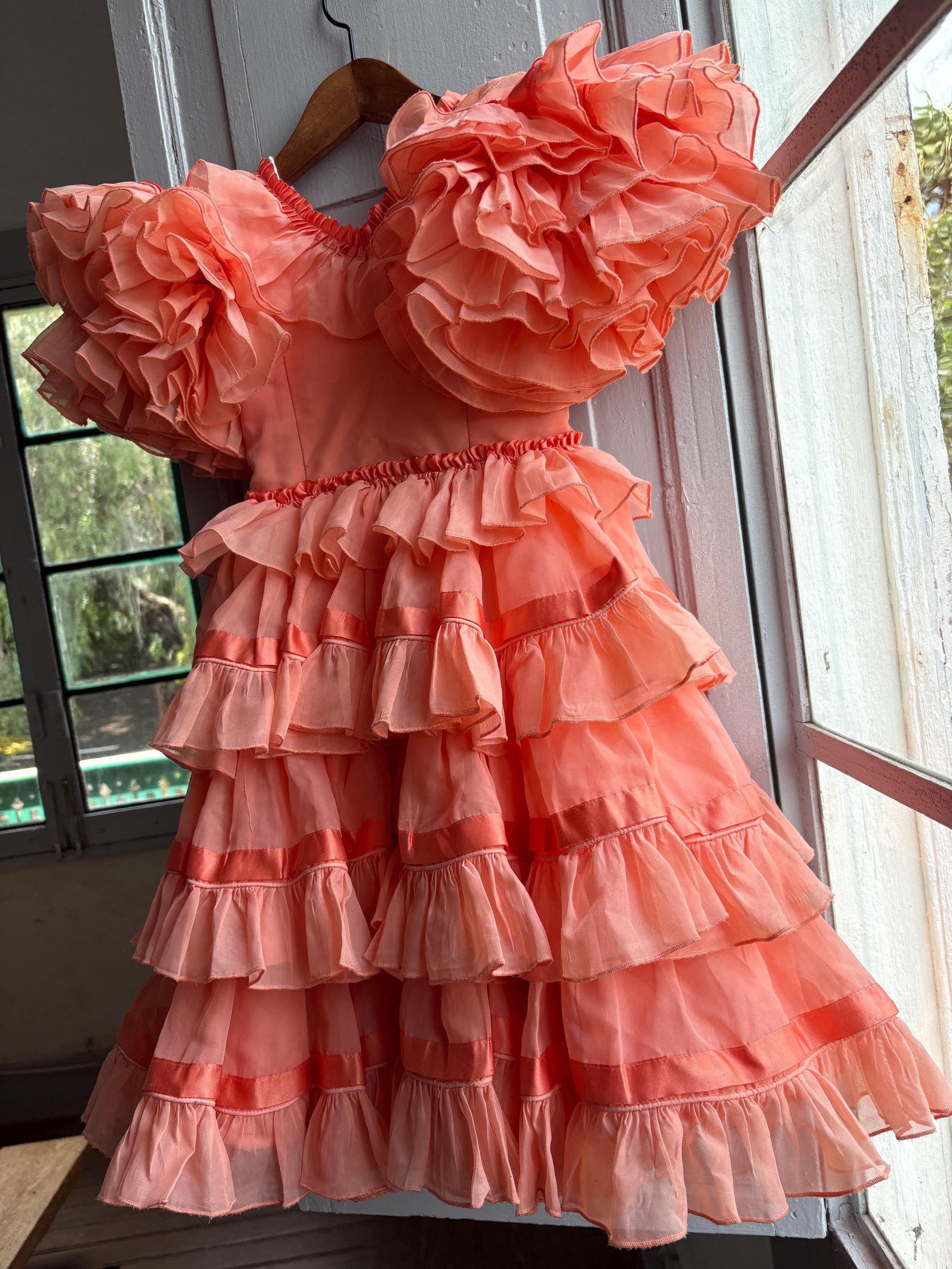 Salmon Pink Flamenco Dress for Kids — fabric close-up