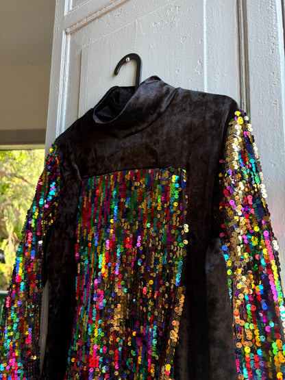 Vintage Black Velvet Sequin Turtleneck Dress — additional view 5