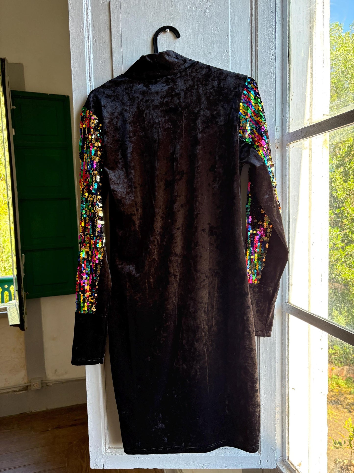 Vintage Black Velvet Sequin Turtleneck Dress — additional view 7