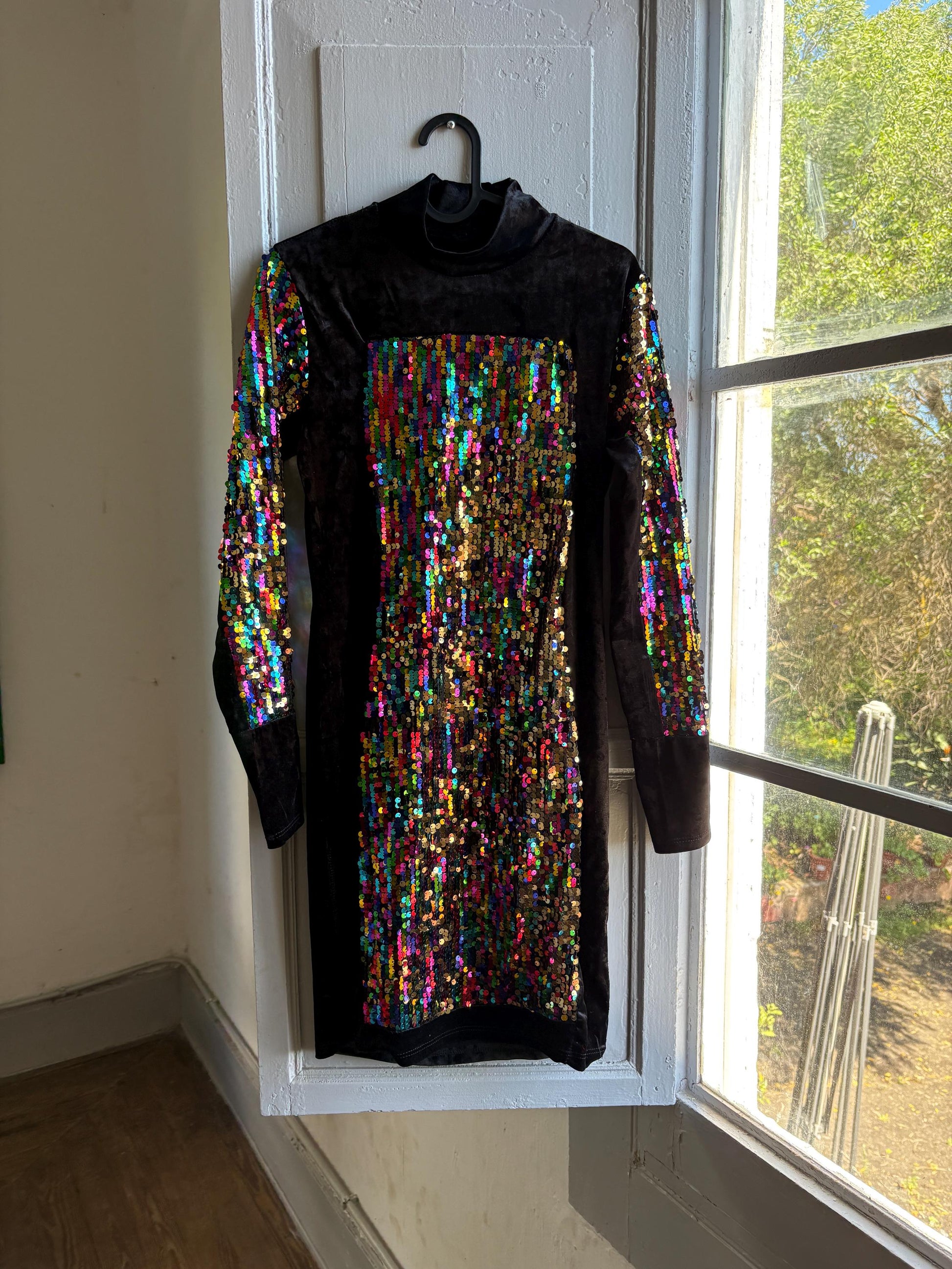 Vintage Black Velvet Sequin Turtleneck Dress — additional view 10